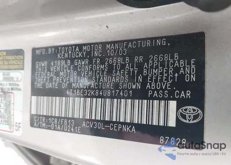 2004 Toyota Camry Le z USA, uszkodzony, nr VIN 4T1BE32K84U817401